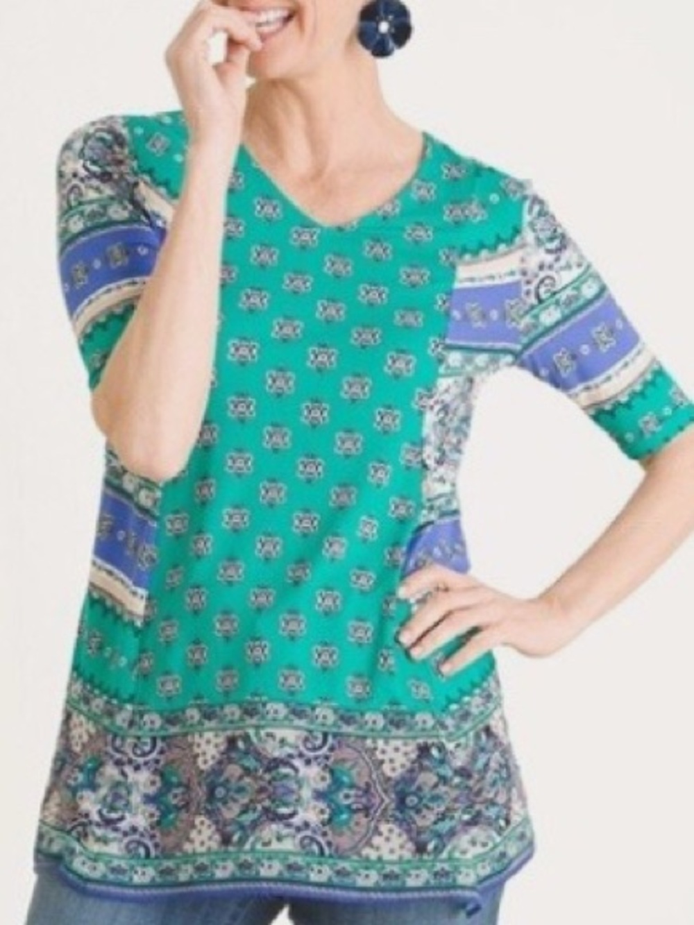 Chicos Green Patterned Short-Sleeve Tunic Top 1